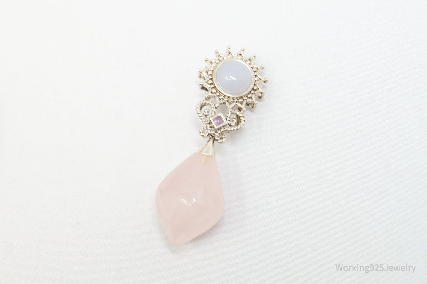 Vintage Designer MRF Rose Quartz Amethyst Sterling Silver Necklace Pendant
