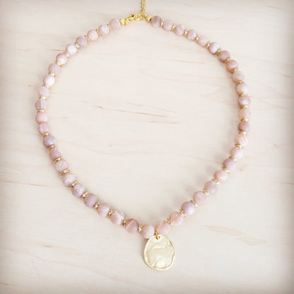 Frosted Sunstone Beaded Collar Necklace w/ Matte Gold Pendant 262n