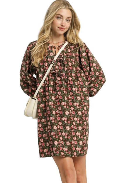 Womens Casual Swing Dress Vintage Floral Print Babydoll Style Puff Sleeve Mini Brown Pink Garden Party Dress