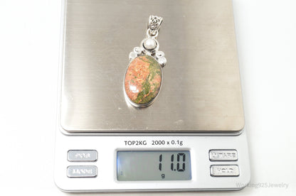Vintage Large Green Orange Unakite Jasper Pearl Sterling Silver Necklace Pendant