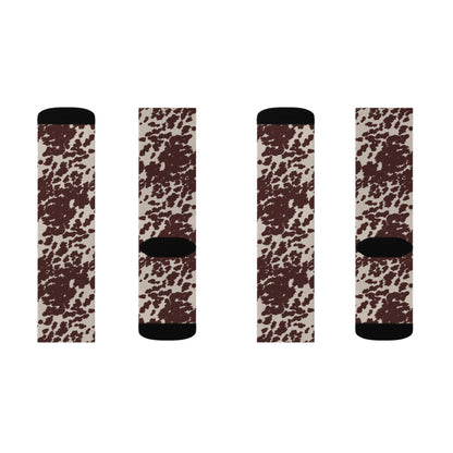 Brown Cowhide Pattern Sublimation Socks — Animal Print Crew Socks