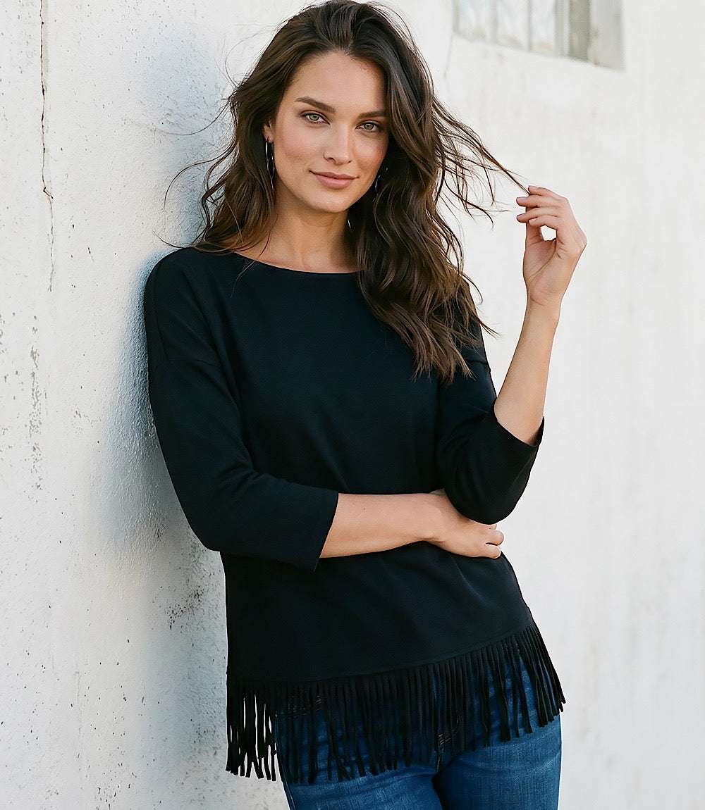 Petite Size 3/4 Sleeve Fringe Boatneck Top