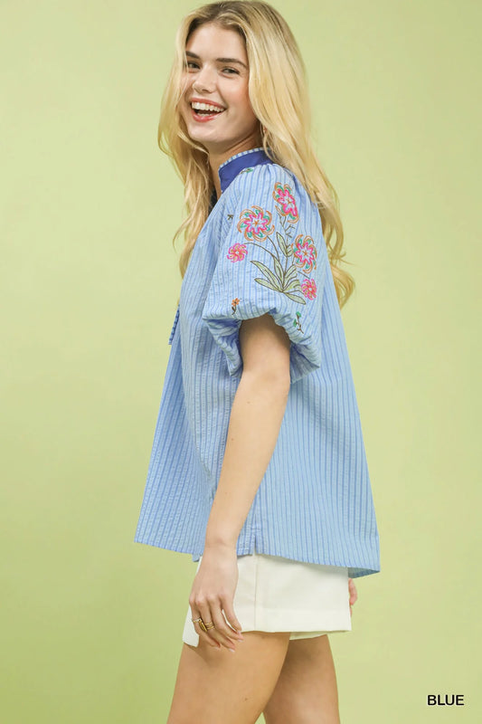 Umgee Embroidered Stripe Top in Blue