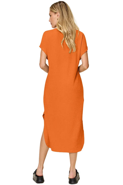Garden Naked Women's Casual Dress Loose-Fit Round Neck Short Sleeve Slit Solid Color Midi Dress Blue Textured