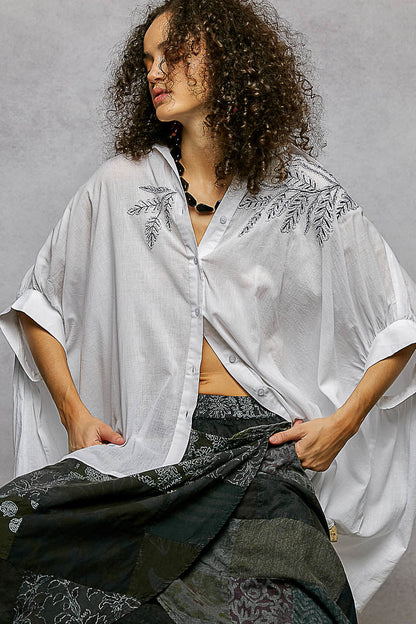 POL Button Down Embroidered Floral High-Low Hem Shirt