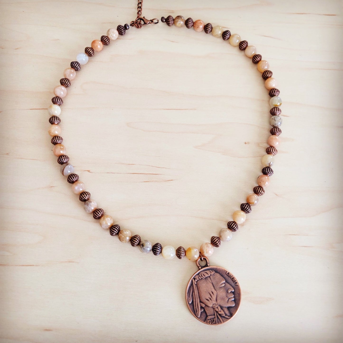 Natural Agate Beaded Collar Necklace w/ Indian Head Pendant 262m