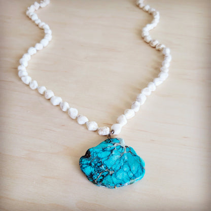 Long White Turquoise Beaded Necklace w/ Genuine Regalite Pendant 263c