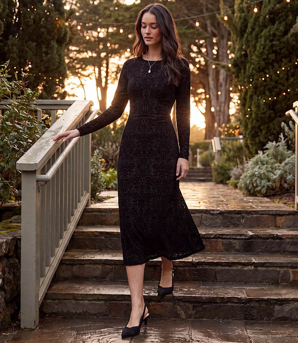 Long Sleeve Velvet Burnout Midi Dress