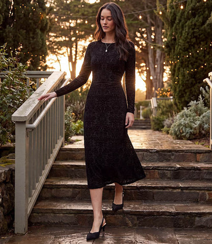Long Sleeve Velvet Burnout Midi Dress
