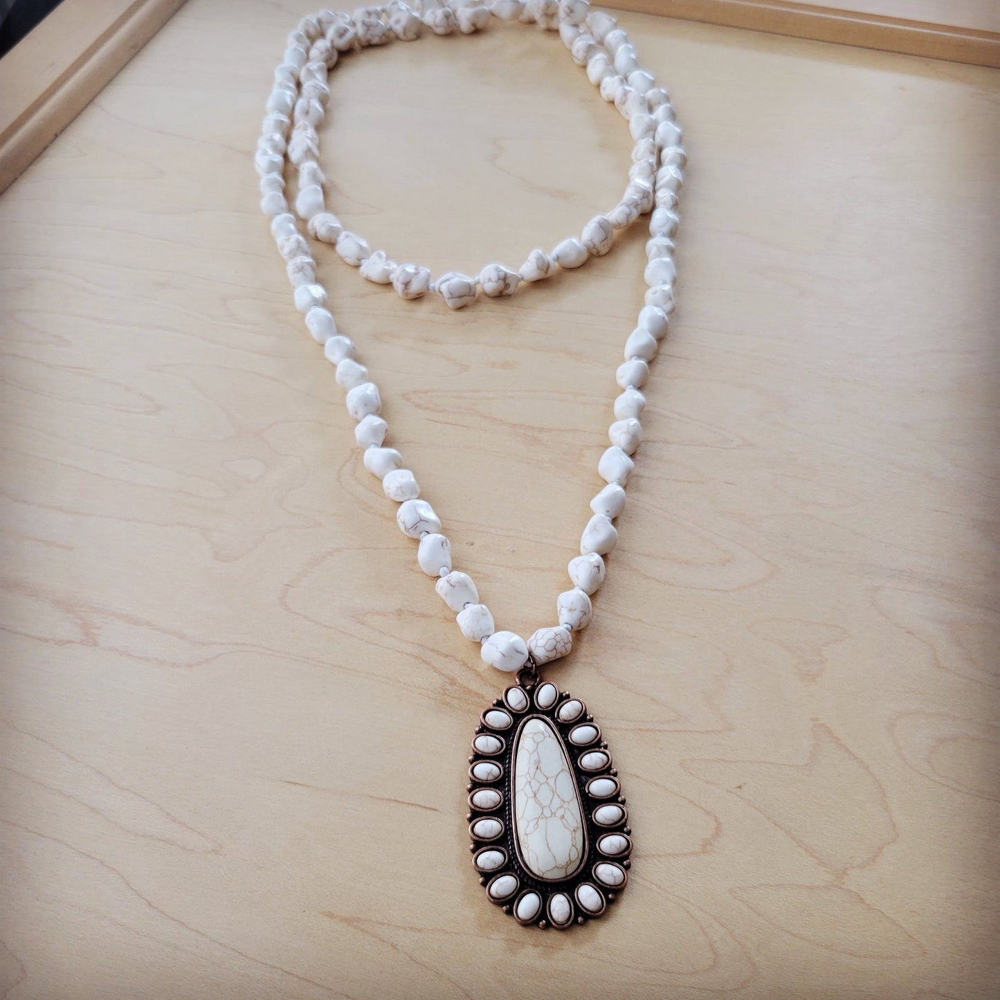 **Long Turquoise Beaded Necklace w/ Squash Blossom Pendant White 261ww