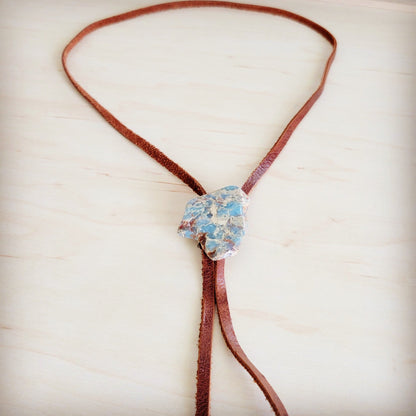 Leather Lariat Boho Necklace w/ Aqua Terra Slab Accent 264e