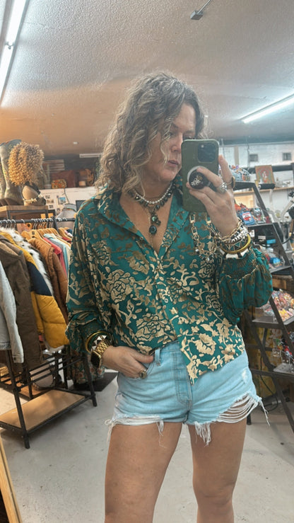 After Midnight Burnout Velvet Mesh Balloon Sleeve Button Up Blouse