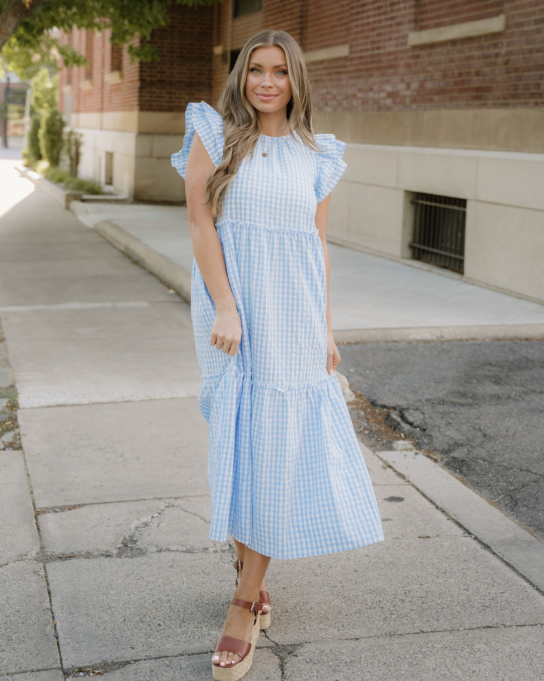 Gingham Knot Back Ruffled Maxi Dress
