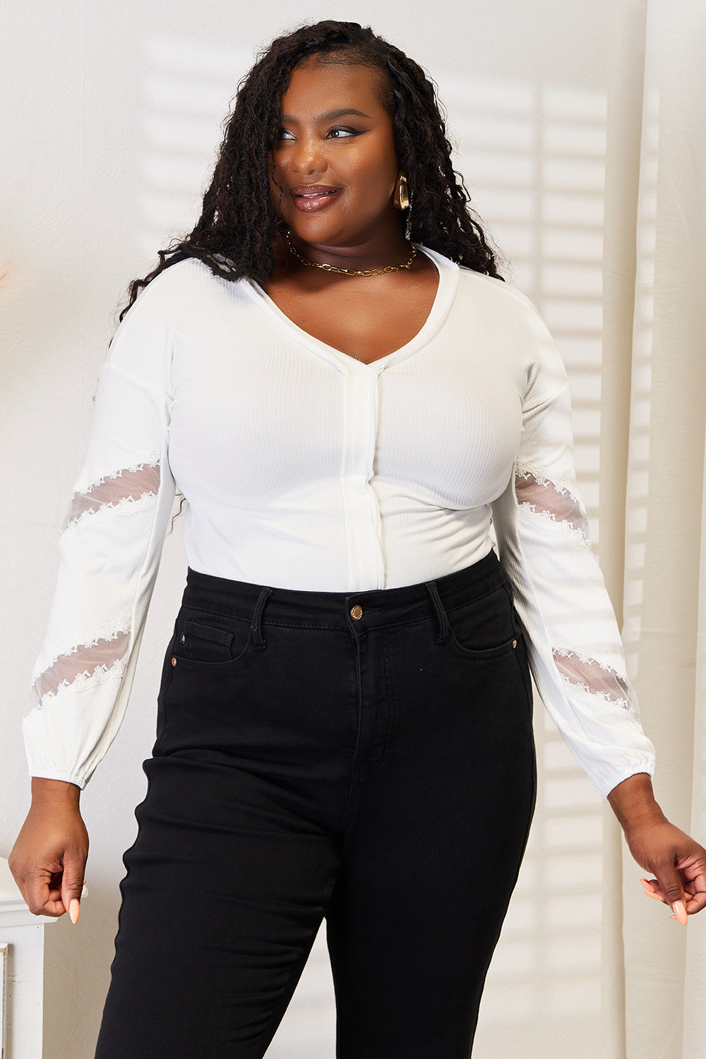Double Take V-Neck Lace Sleeve Blouse