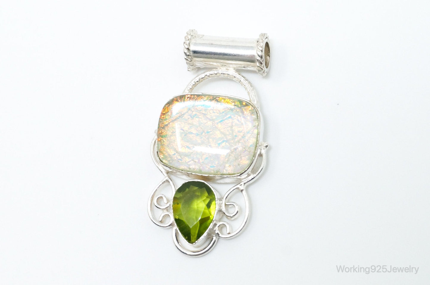 Large Vintage Rainbow Glass Peridot Sterling Silver Pendant