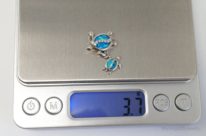 Vintage Blue Fire Opal Cubic Zirconia Sea Turtles Sterling Silver Pendant