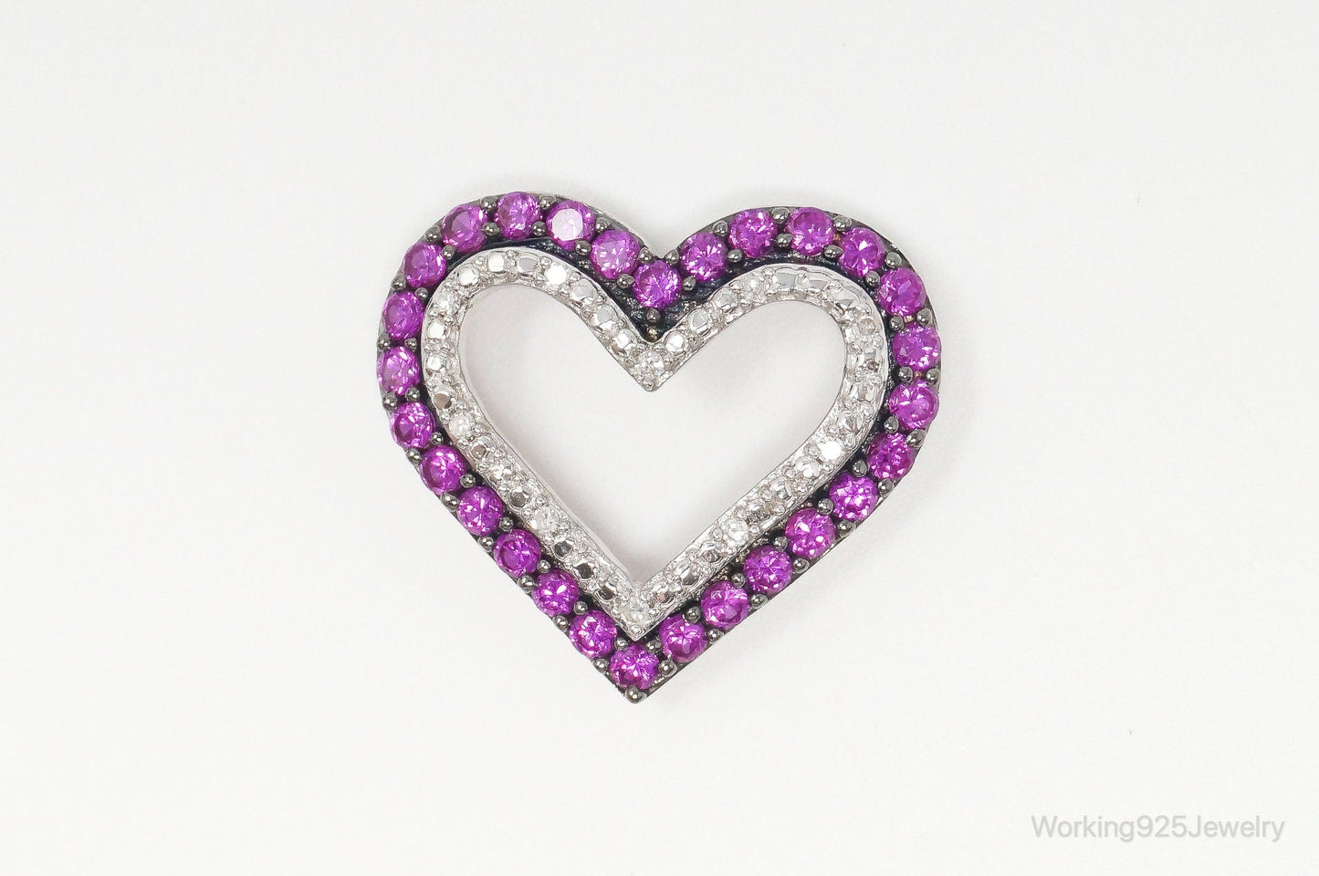 Vintage Open Heart Pink White Cubic Zirconia Sterling Silver Pendant