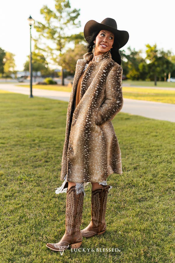 Brown Deer Faux Fur Western Longline Coat