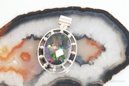 Vintage Large Mystic Topaz Sterling Silver Necklace Pendant