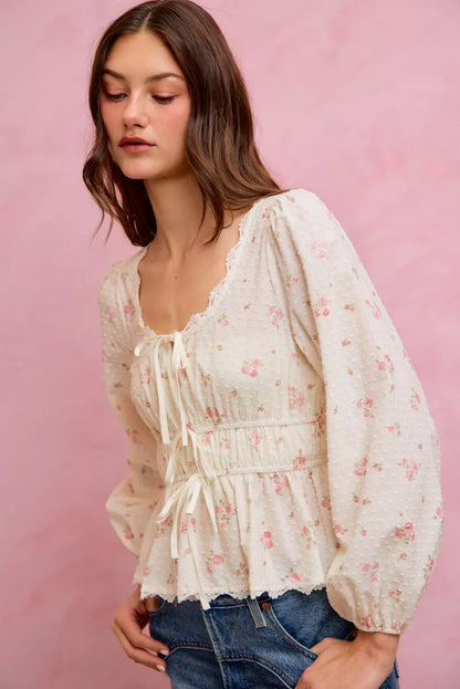 SO ME Floral Clip Dot Lace Trim Ruched Bodice Blouse