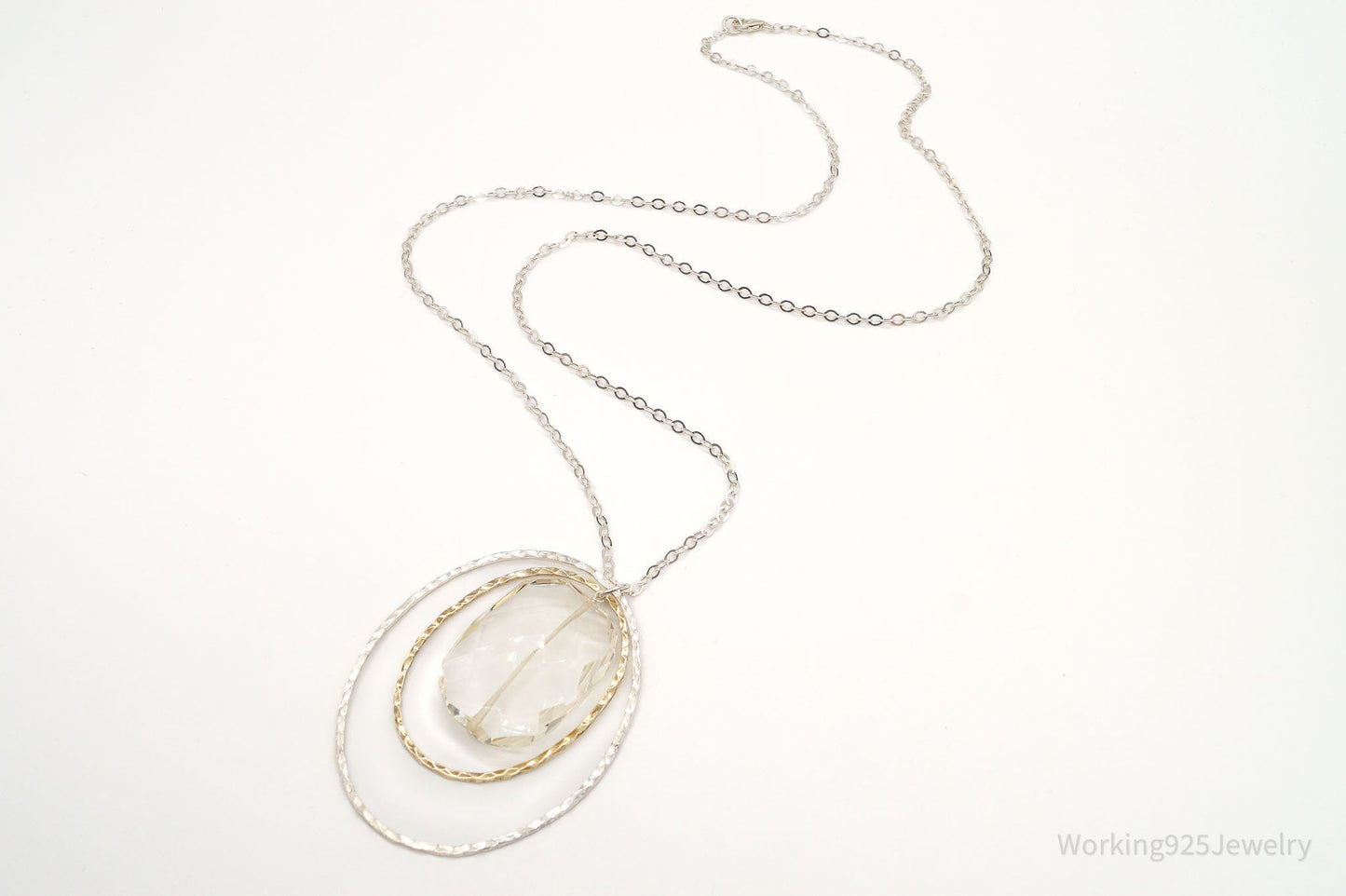 Vintage Large Glass Stone Brass Sterling Silver Necklace 30"