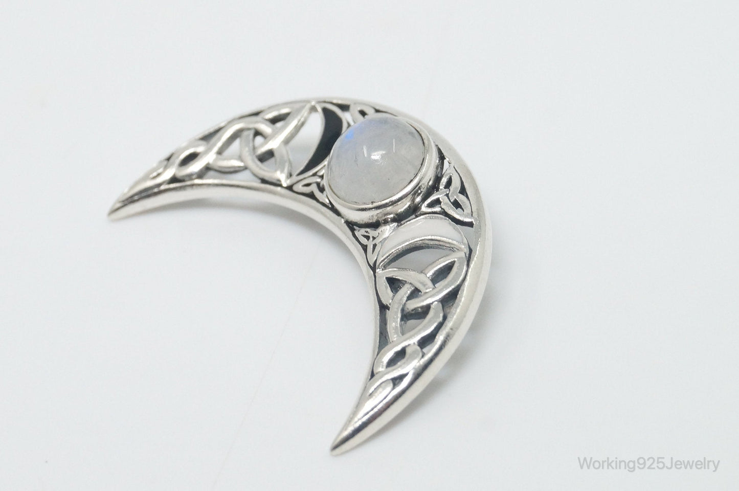 Vintage Designer Moonstone Celtic Sterling Silver Necklace Pendant