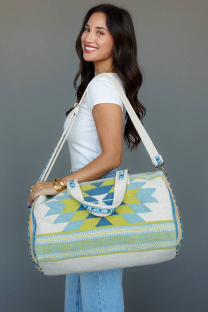 Southwestern Print Cotton Duffel Bag — Cream, Blue & Lime