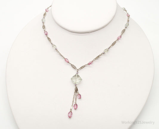 Vintage Prasiolite Pink Topaz Seed Pearls Sterling Silver Necklace