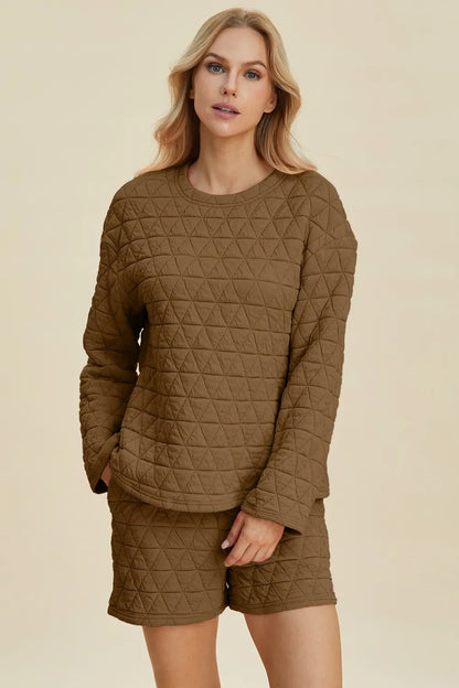 Double Take Textured Long Sleeve Top & Shorts Set