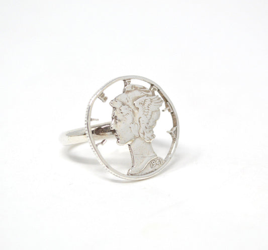 Antique 1941 Mercury Dime Sterling Silver Cutout Ring - Size 4.5 - Coin Jewelry