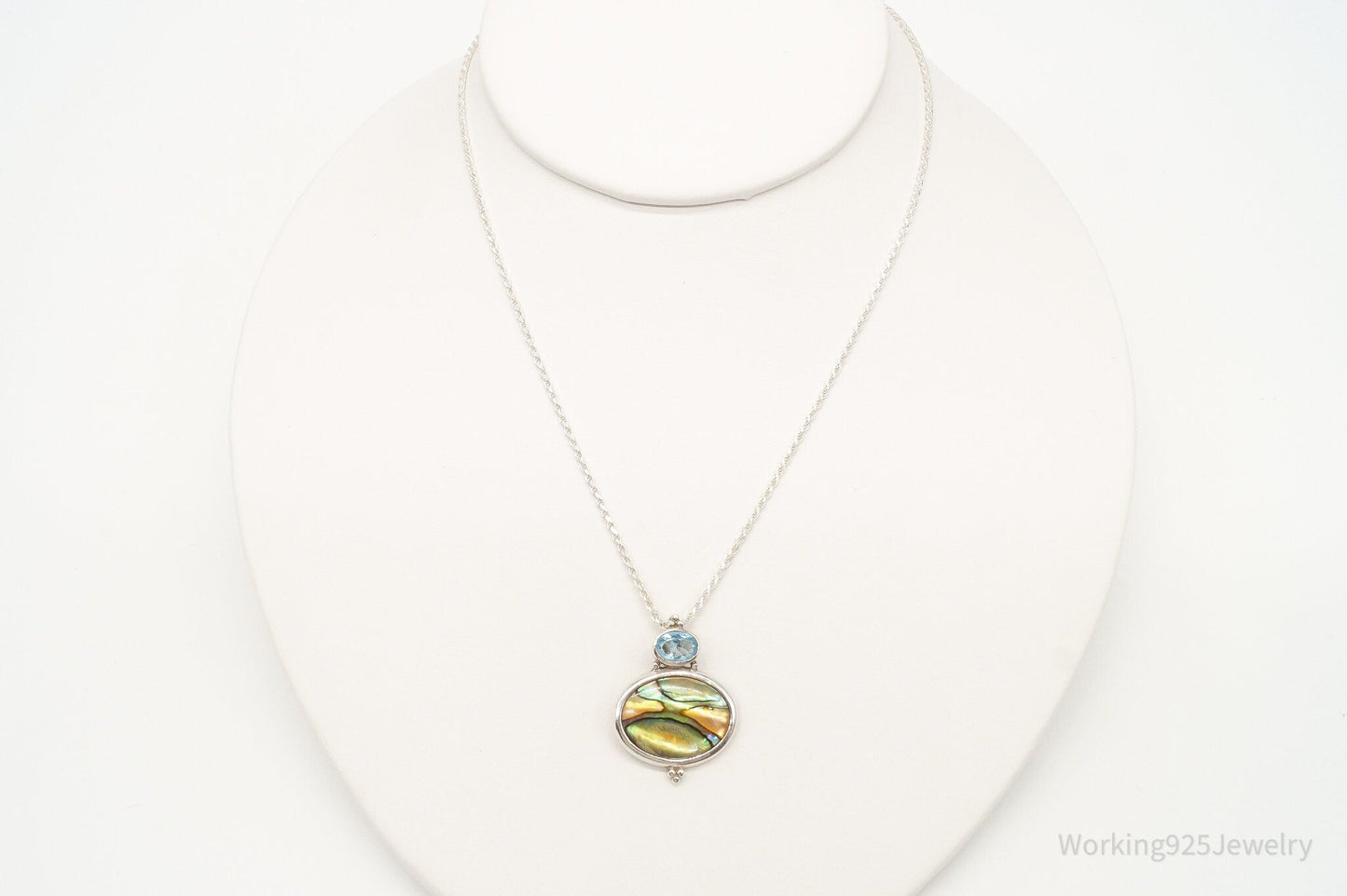 Vintage Paua Abalone Shell Blue Topaz Sterling Silver Necklace