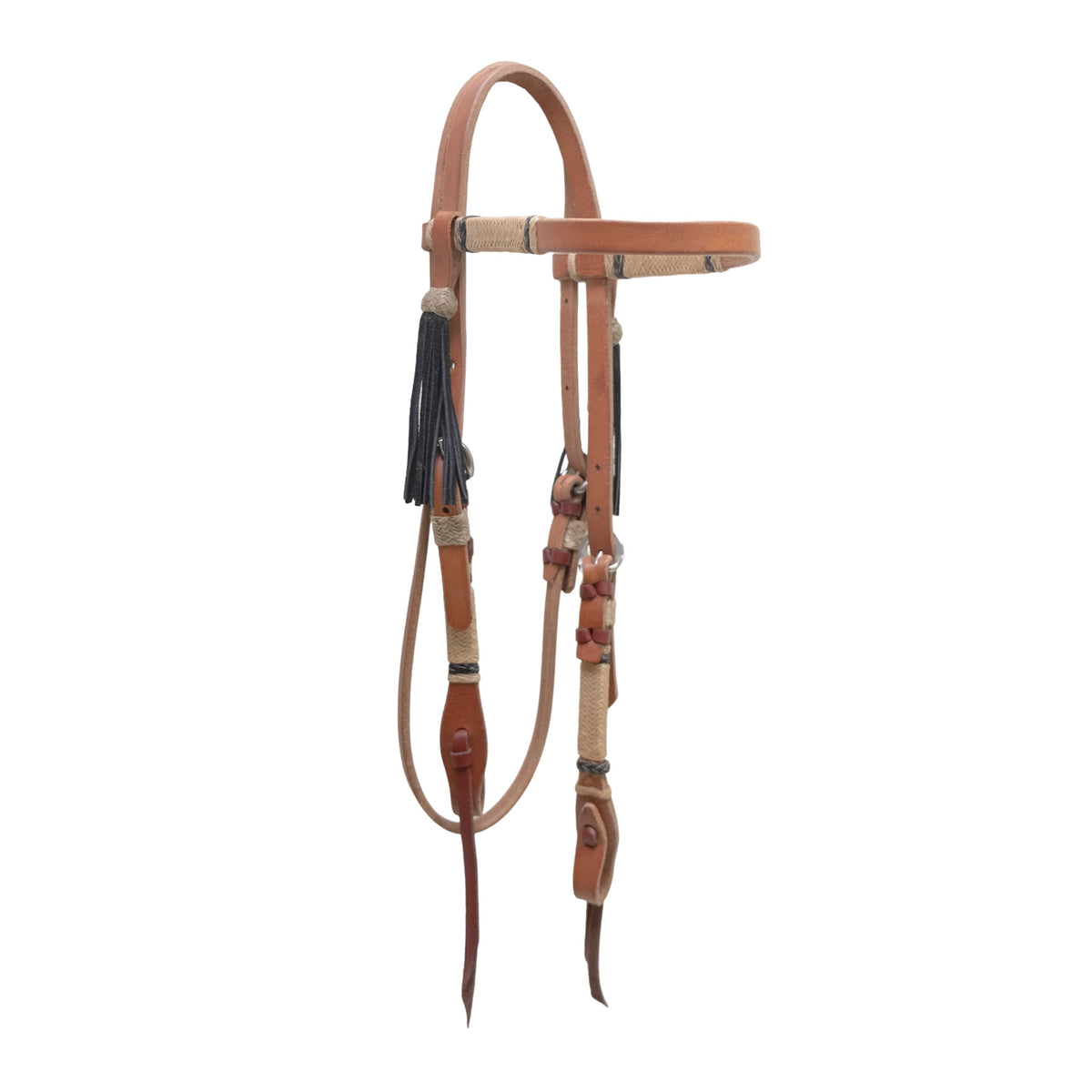 2030-HBI 1/2" Straight browband headstall harness leather rawhide and black braided stripes with braided loops and black tassels