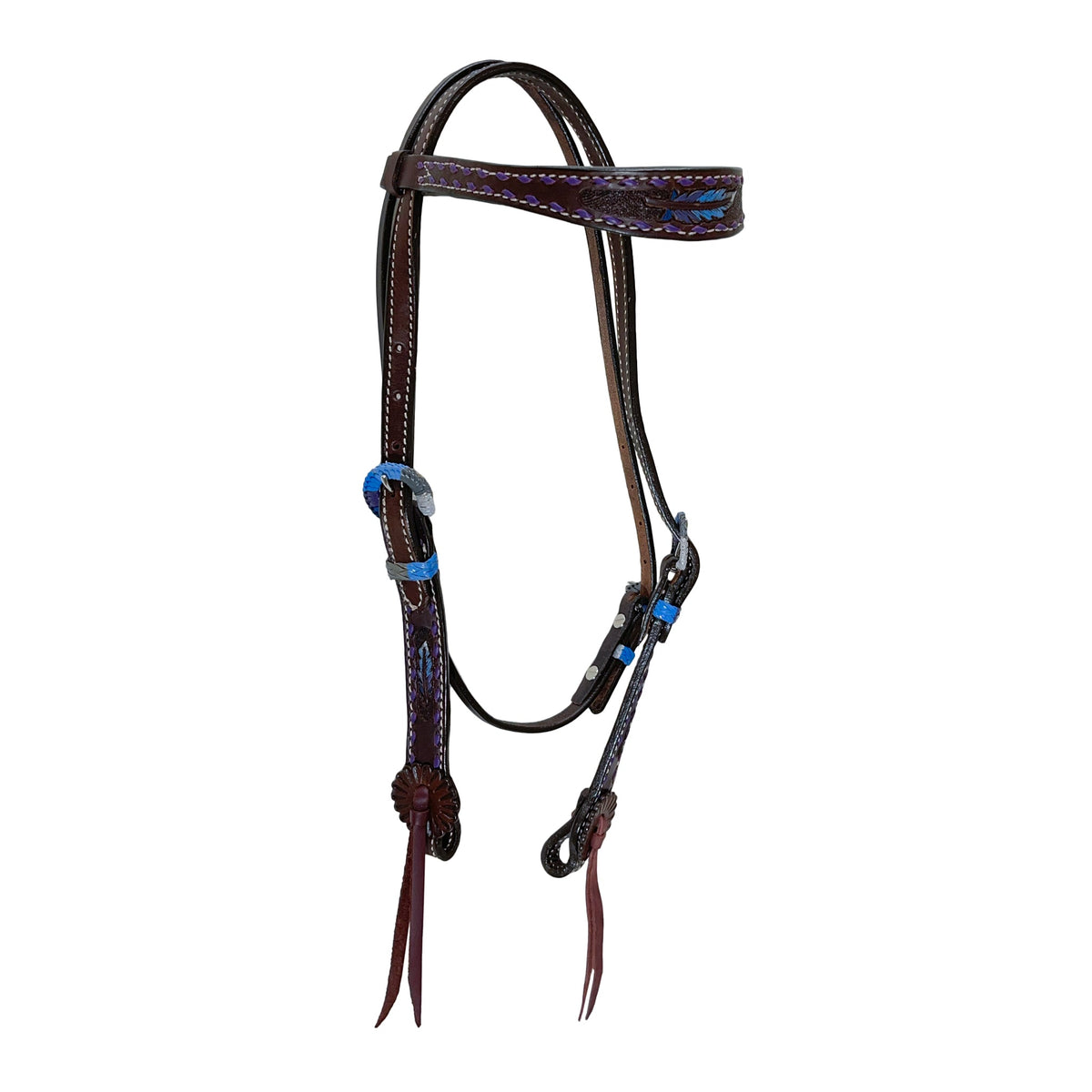 2800-FEATHER 1-1/2" Contour browband headstall chocolate leather multicolored feather tooled with buckstitch, Spanish lace hardware, and loops