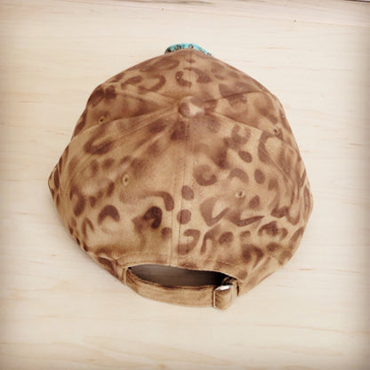 Hand-Painted Leopard Suede Baseball Cap Tan w/ Turq 986u
