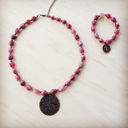 **Natural Pink Jade Beaded Collar Necklace w/ Scroll Pendant 261L