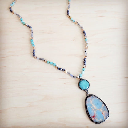 Amazonite & Crystal Long Beaded Necklace w/ Large Jasper Pendant 262q