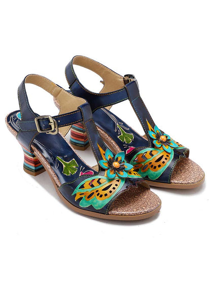 Retro Handmade Colored Stripe Heel Comfy Sandals