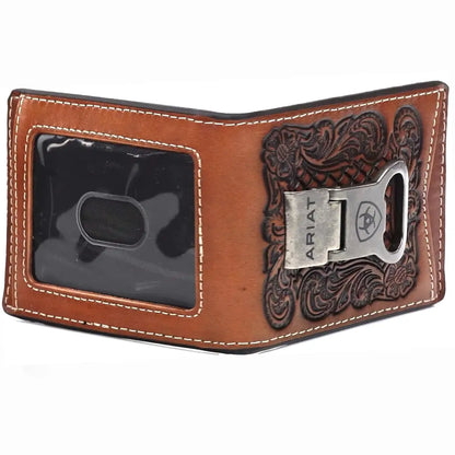 Ariat Embossesd Floral Basketweave - Men's Bi-Fold Money Clip Wallet
