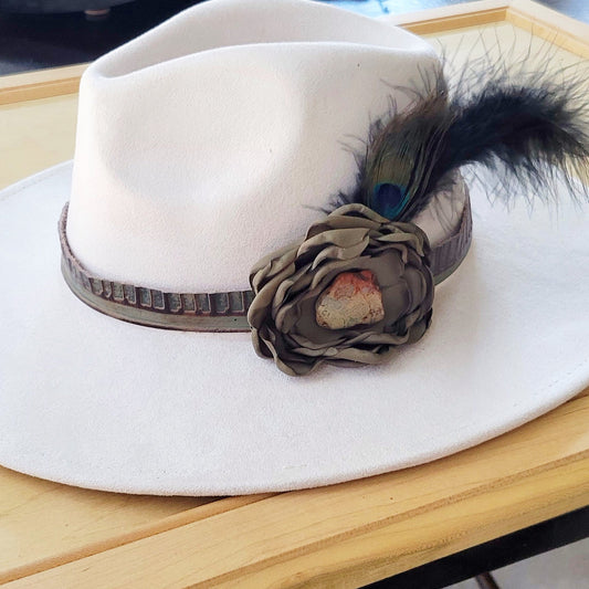 **Leather Hat Band w/ Silk Flower & Feathers-Olive (Band Only) 952z
