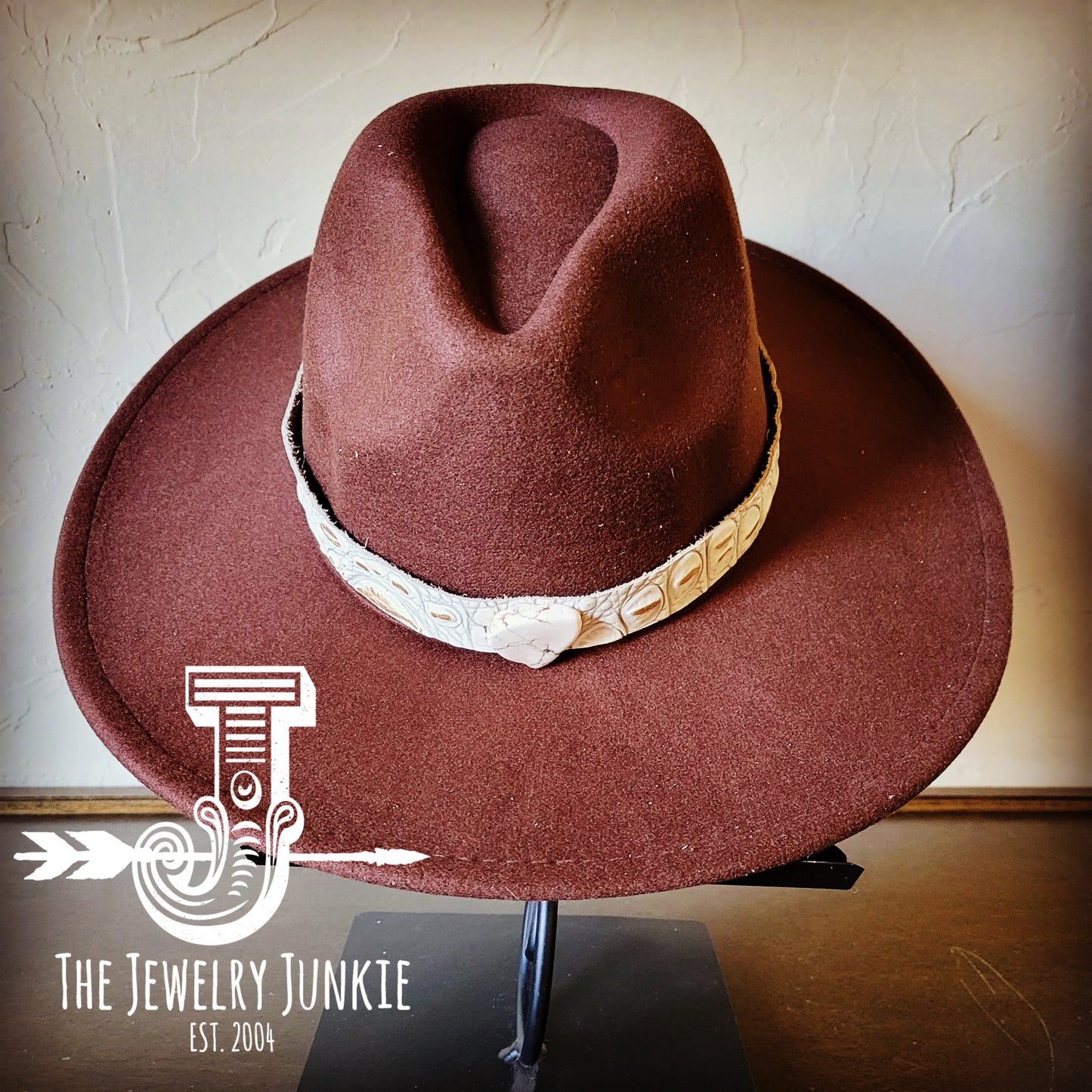 **Boho Western Felt Hat w/ Choice of Leather Hat Band w/ Turquoise Slab-Brown 980h