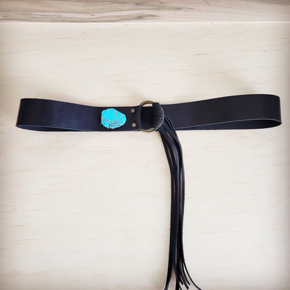 Black Leather Belt with Leather Fringe Closure and Turq Slab 908w