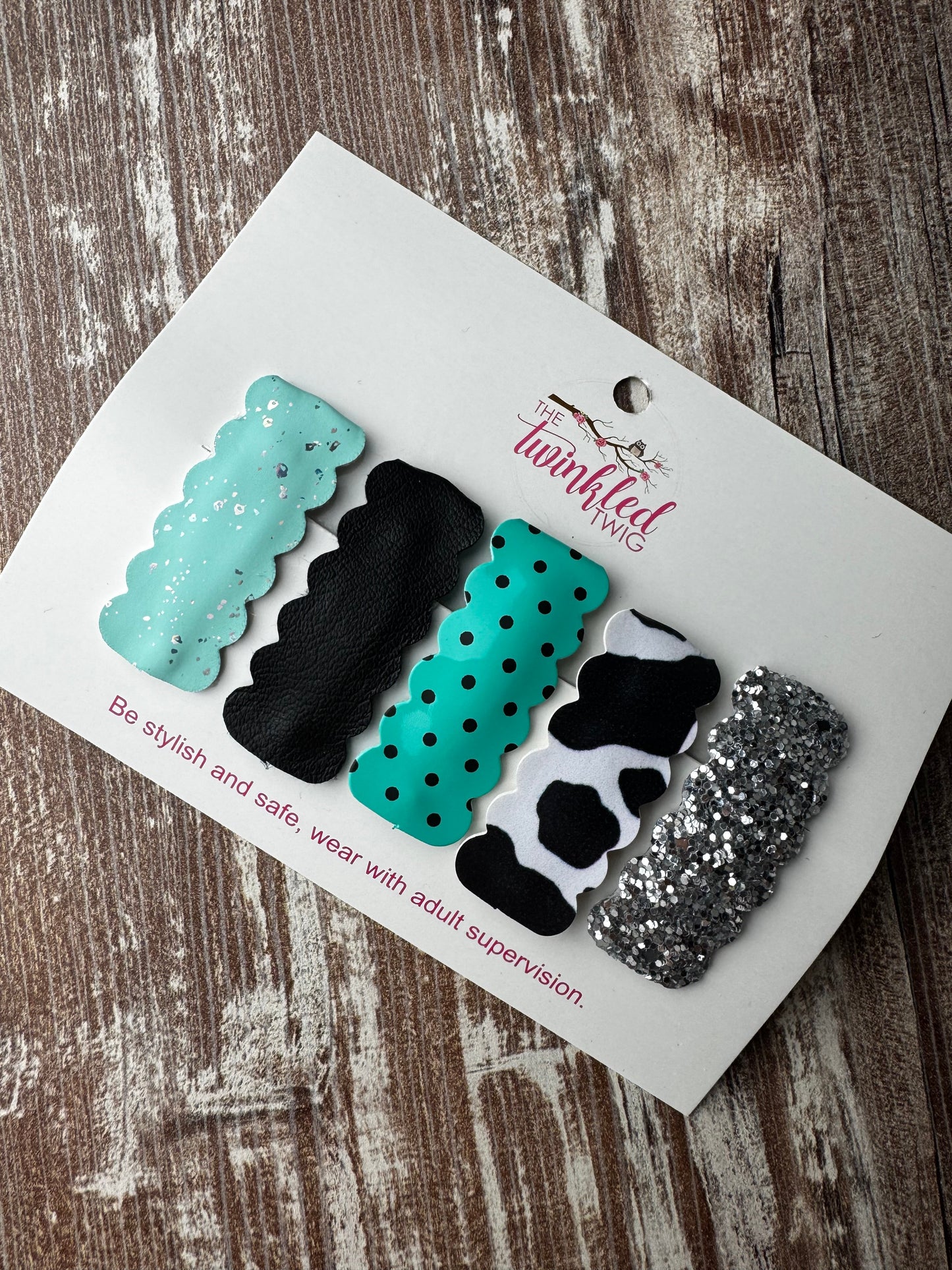 Handmade Hair Clip Set - Turquoise & Cow