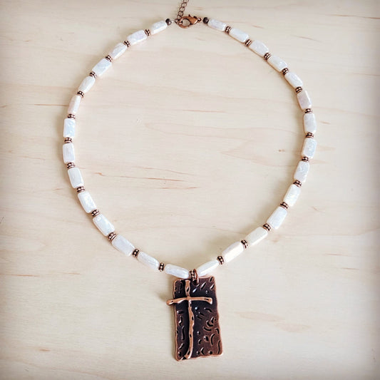Rectangle Freshwater Pearl & Copper Necklace w/ Antique Cross Pendant 264a