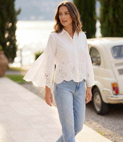 Embroidered Bell Sleeve Button Front Blouse