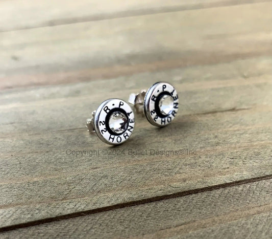 Rugged Bullet Stud Earrings / 22 Hornet Antique Silver Bullet Head / Sterling Earrings/ Sterling Studs Earrings/ Black lettering