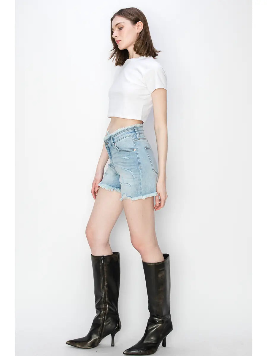 SKYE HIGH RISE CROSSOVER DENIM SHORTS
