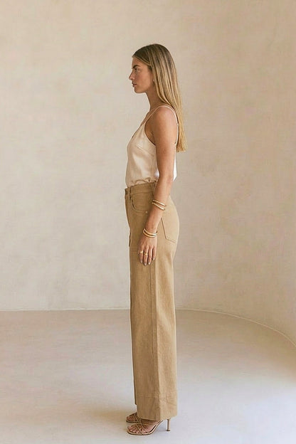 HIGH RISE TUMMY CONTROL GARMENT DYED PALAZZO JEANS