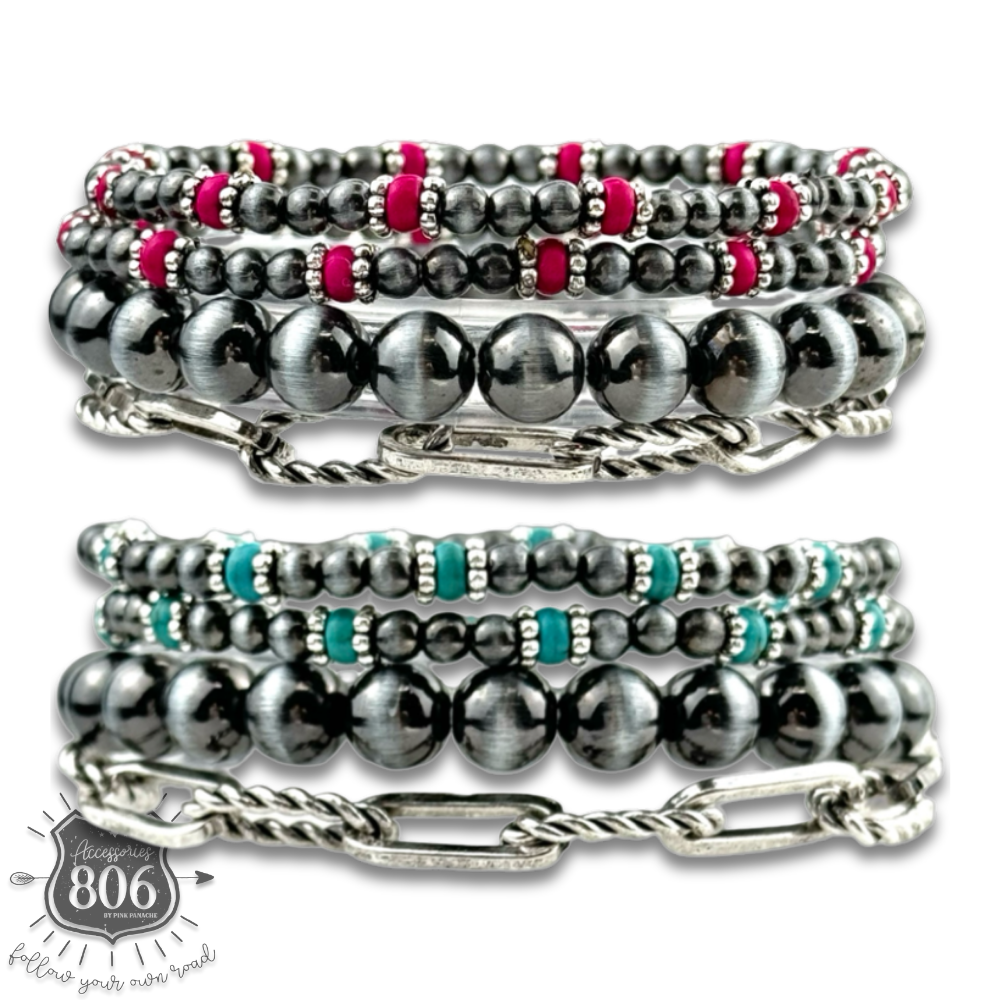 Western burnished pearl bead and chain bracelet set