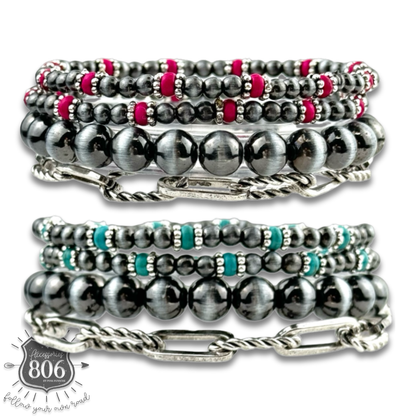 Western burnished pearl bead and chain bracelet set