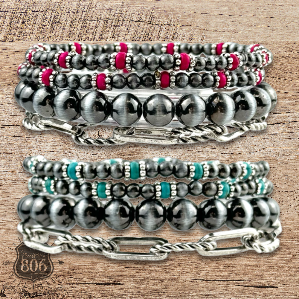 Western burnished pearl bead and chain bracelet set
